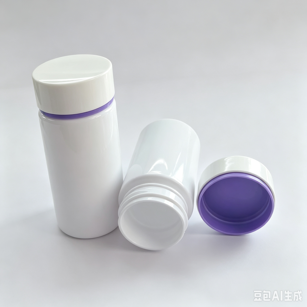 Empty PET Medicine Pill Bottle White With Purple Ring Cap Wholesale